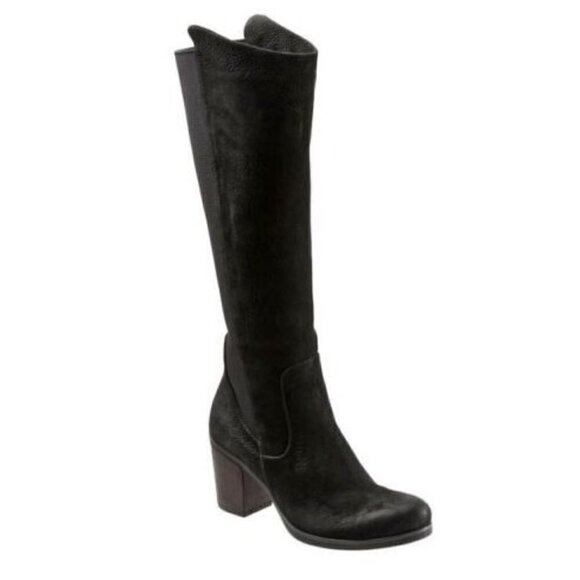 BUENO Black Nubuck Suede Knee-High Stacked Heel Almond Toe Slip-on Elastic EU 39 - Picture 1 of 16